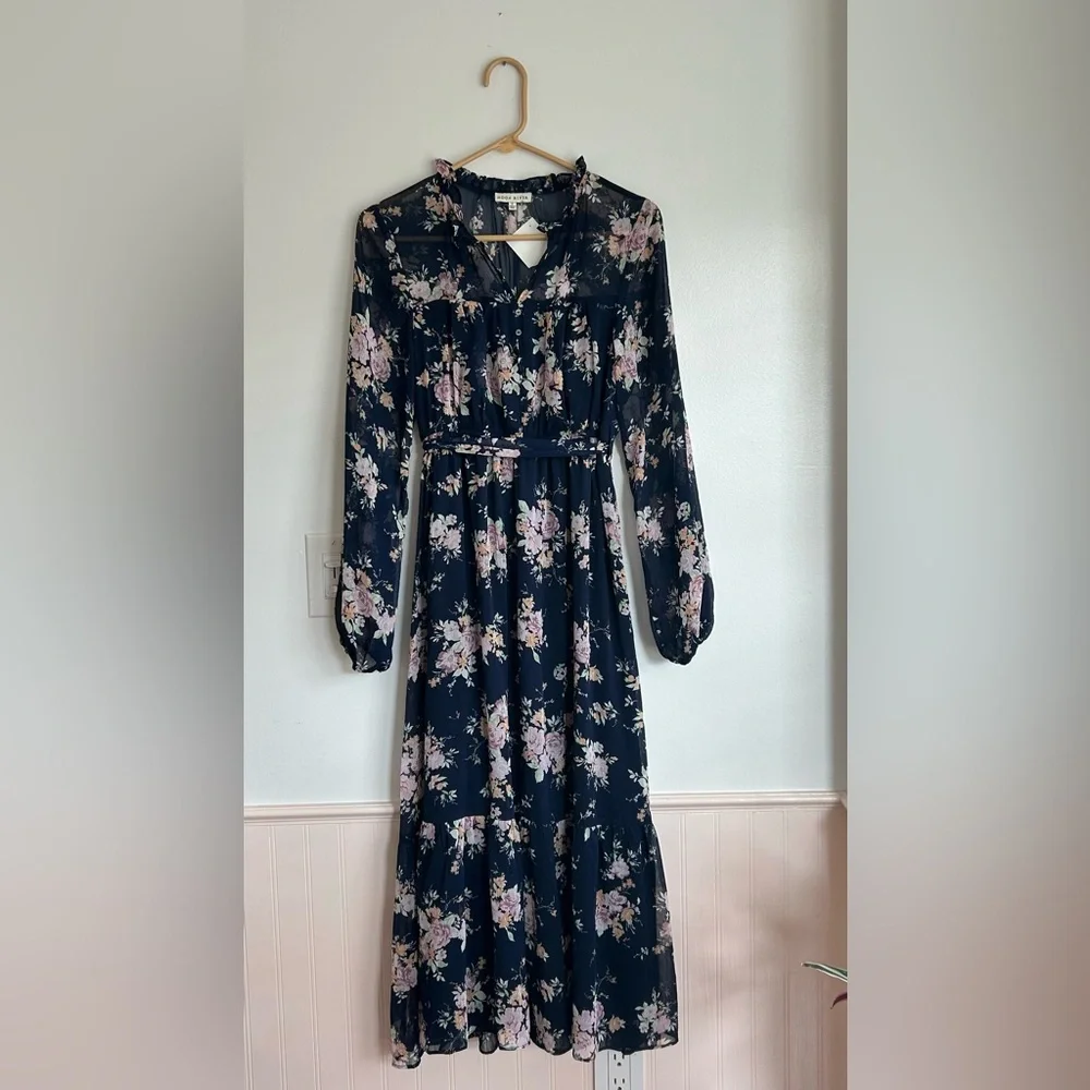 NWT Moon River Blue Floral Long Sleeve Maxi Dress - Picture 2 of 7